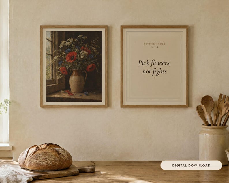 Wildflowers in a Jug Kitchen Print Set of 2 | Still Life Oil Painting and Kitchen Quote | Cottage Kitchen Art | Digital Download image 1