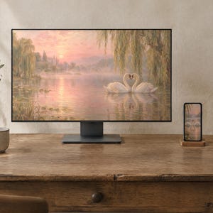 Two Swans Wallpaper | Oil Painting Old Romance Phone, iPad and Desktop Background | Romantic Aesthetic | Digital Download image 2