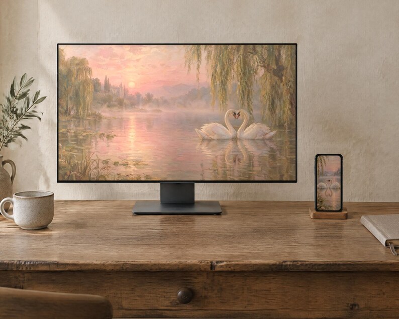 Two Swans Wallpaper | Oil Painting Old Romance Phone, iPad and Desktop Background | Romantic Aesthetic | Digital Download image 2