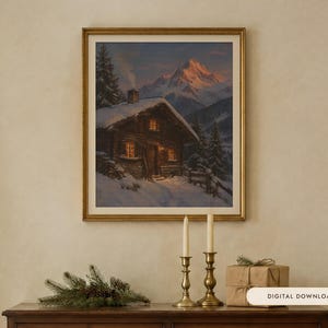 Impressão de Chalé Alpino, Pintura a Óleo Vintage de Après-Ski, Arte de Parede para Chalé de Esqui (Download Digital)