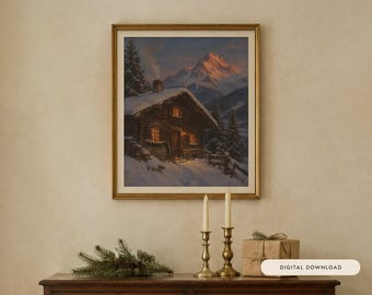 Alpine Chalet Print, Vintage Apres Ski Oil Painting, Ski Lodge Wall Art (Digital Download)