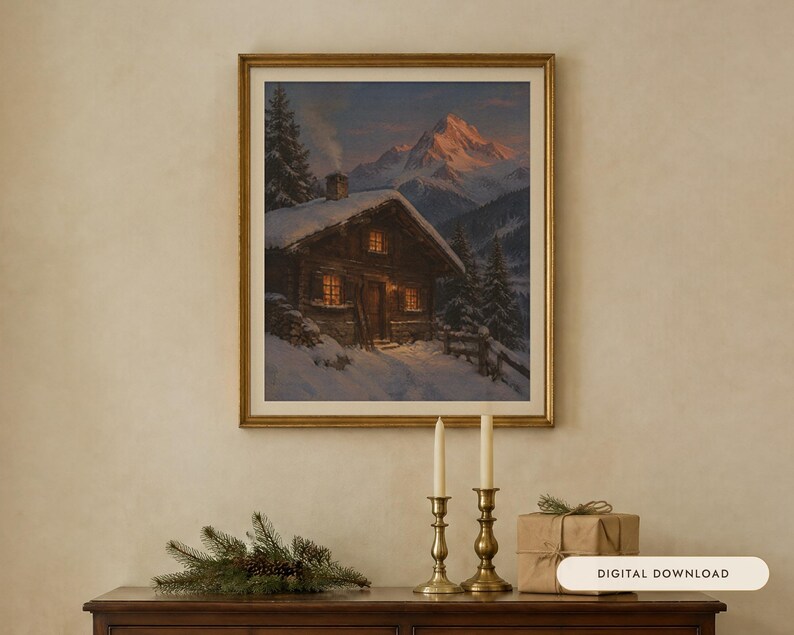 Puede incluir: Una impresi&oacute;n art&iacute;stica enmarcada que representa una caba&ntilde;a de madera cubierta de nieve al atardecer, con ventanas iluminadas, una chimenea humeante y un pico de monta&ntilde;a imponente al fondo. La escena muestra un paisaje invernal con pinos.
