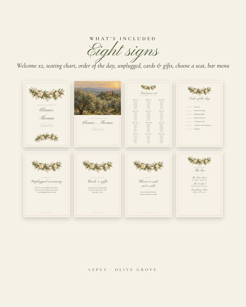 Painted Olive Wedding Seating Chart Template, Welcome Sign, Order of the Day Sign, Editable Canva Wedding Signs Set, Olive Garland image 4