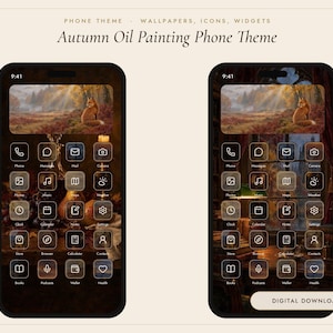 May include: Two smartphones displaying an Autumn Oil Painting Phone Theme with wallpapers, icons, and widgets. The screens feature a fox in a forest landscape, dark backgrounds, and white line-art app icons. A Digital Download button is visible.