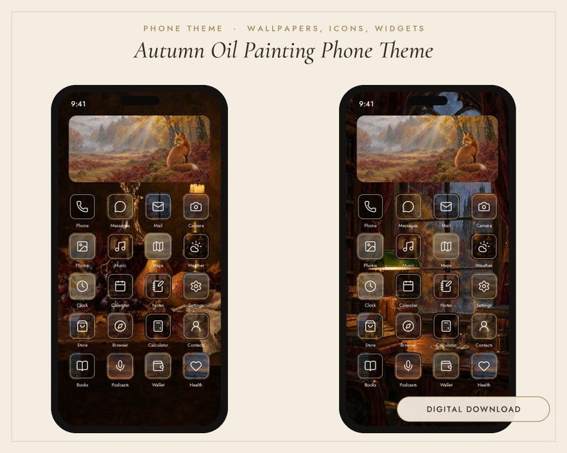 May include: Two smartphones displaying an Autumn Oil Painting Phone Theme with wallpapers, icons, and widgets. The screens feature a fox in a forest landscape, dark backgrounds, and white line-art app icons. A Digital Download button is visible.