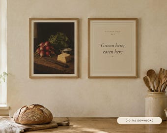 Radishes and Butter Kitchen Print Set of 2 | Still Life Oil Painting and Kitchen Quote | Cottage Kitchen Art | Digital Download