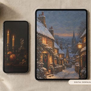 Christmas Wallpaper Bundle, 7 Oil Paintings | Vintage Christmas iPhone, iPad, Desktop Wallpaper Set | Cozy Aesthetic | Digital Download