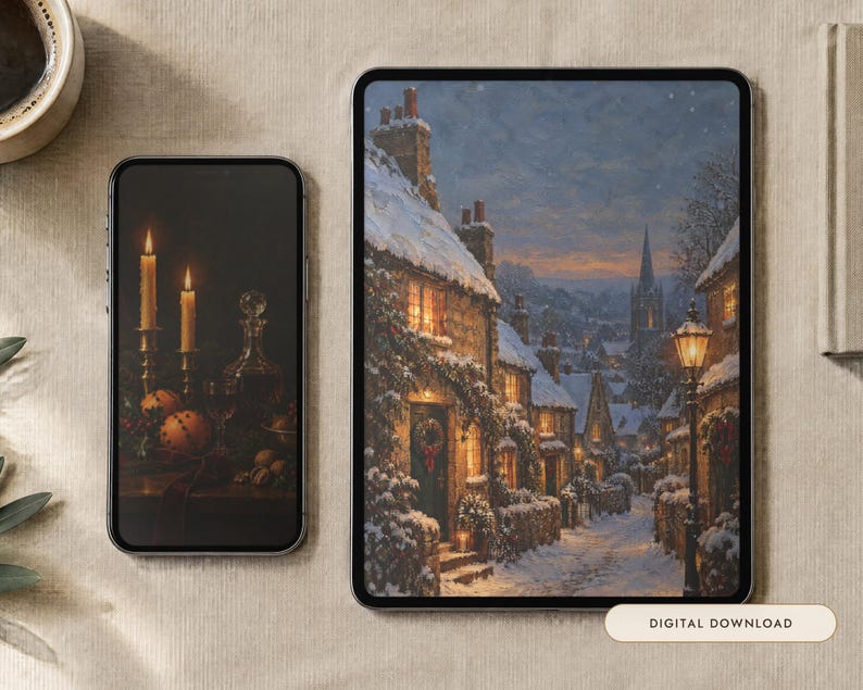 May include: A smartphone and a tablet displaying digital art. The phone shows a still life with candles and oranges. The tablet displays a snowy village street at dusk with stone cottages, glowing windows, and a streetlamp. A label reads Digital Download.