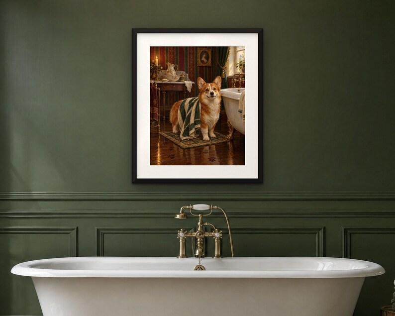Corgi Bathroom Wall Art, Funny Vintage Oil Painting Print, Corgi Gift (Digital Download) image 4