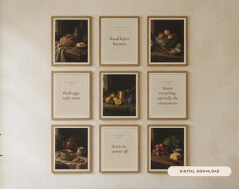 May include: A gallery wall set of nine framed prints featuring kitchen-themed photography and typography. The images include bread, eggs, lemons, and tea, with text such as Bread before business, Fresh eggs, early starts, and Kettle on, worries off.