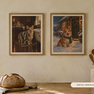 Corgi Gift Set of 2 Prints, Bathroom and Christmas Oil Paintings (Digital Download) image 1