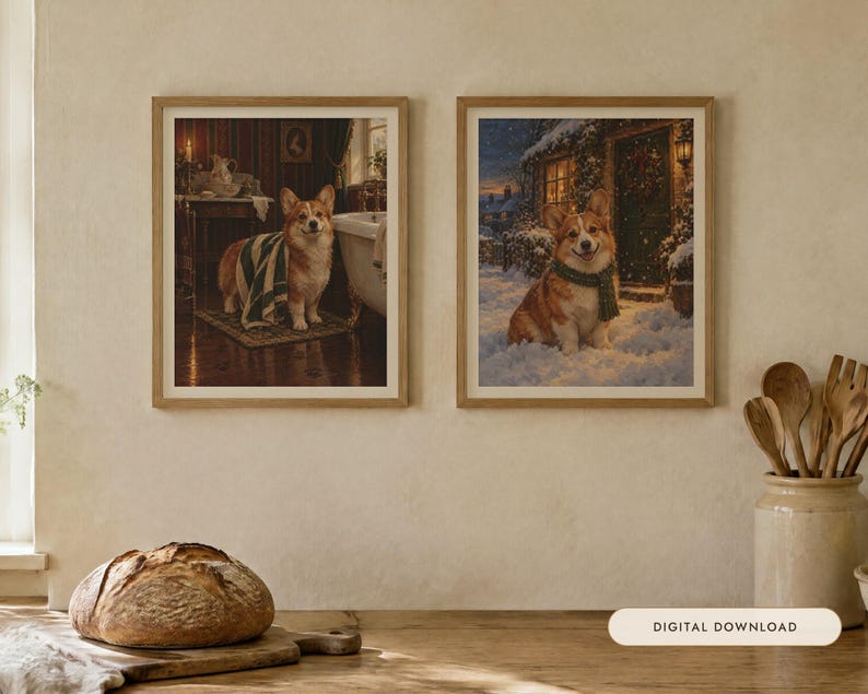 Corgi Gift Set of 2 Prints, Bathroom and Christmas Oil Paintings (Digital Download) image 1