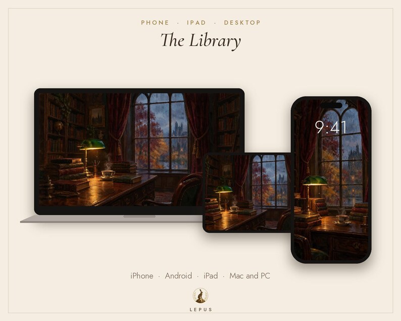 May include: A digital wallpaper set titled The Library displayed on a laptop, tablet, and smartphone. The image features a dark, cozy study with a desk, stacks of books, a green banker lamp, and a large window overlooking an autumn landscape.
