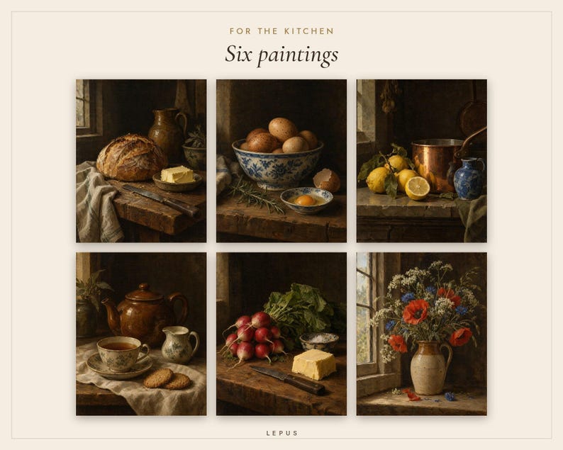 Kitchen and Bath Wall Art Bundle of 12 | Vintage Oil Painting Prints | Bathroom Animals and Kitchen Still Life | Digital Download image 6