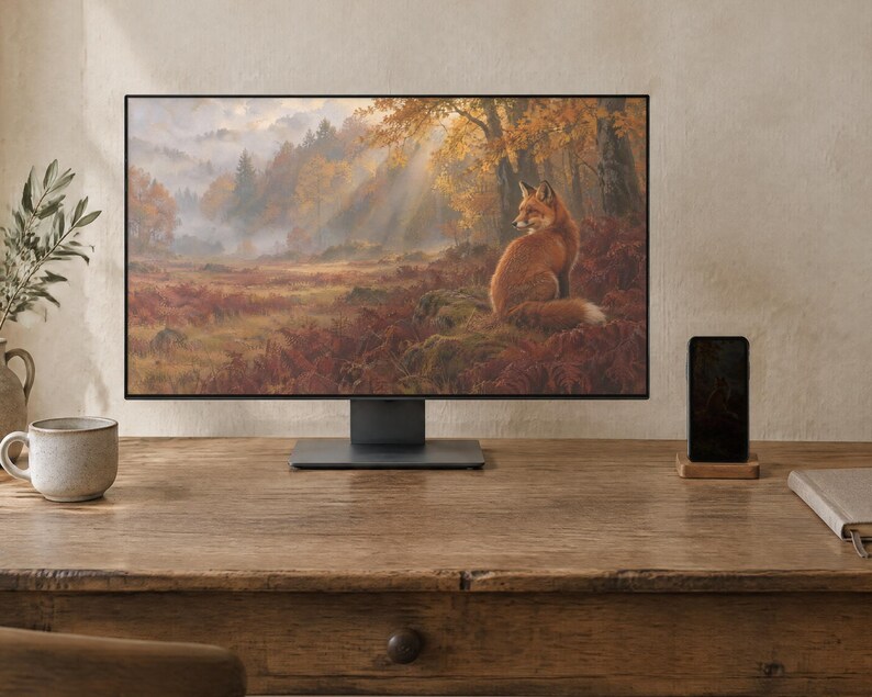 May include: A computer monitor displaying a digital painting of a red fox sitting in an autumn forest with golden sunlight filtering through the trees. The monitor is placed on a wooden desk next to a ceramic mug and a smartphone on a stand.