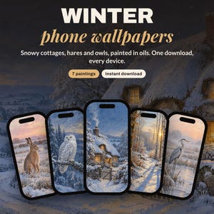 Bundel winterse telefoonachtergronden, 7 olieverfschilderijen met sneeuw | Kerstachtergronden voor iPhone, iPad en desktop | Gezellige winter | Digitale download