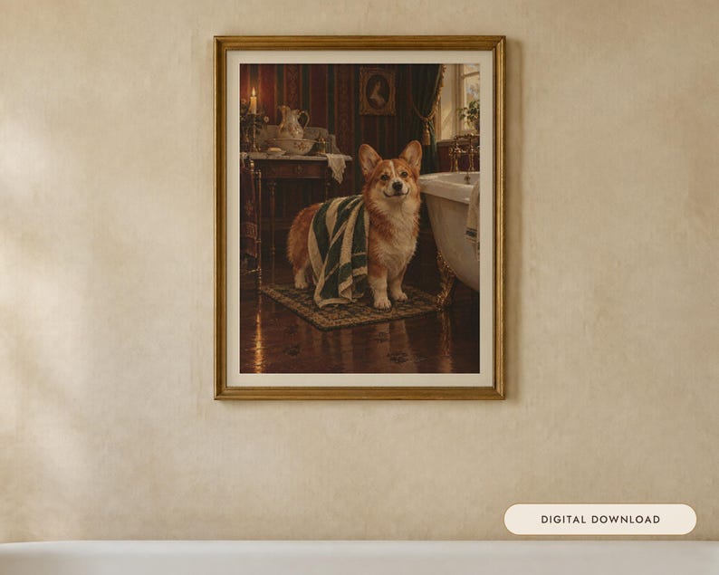 Corgi Bathroom Wall Art, Funny Vintage Oil Painting Print, Corgi Gift (Digital Download) image 1