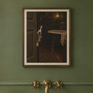 Décoration murale pour salle de bain : Border Collie, reproduction d'une peinture à l'huile représentant un chien qui jette un coup d'œil amusant (téléchargement numérique) image 2