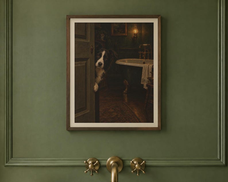 Décoration murale pour salle de bain : Border Collie, reproduction d'une peinture à l'huile représentant un chien qui jette un coup d'œil amusant (téléchargement numérique) image 2