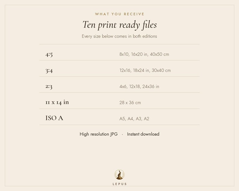 May include: A beige informational graphic titled What You Receive Ten print ready files. It lists aspect ratios 4:5, 3:4, 2:3, 11x14 in, and ISO A with corresponding dimensions in inches and centimeters. Includes High resolution JPG text and a Lepus logo.