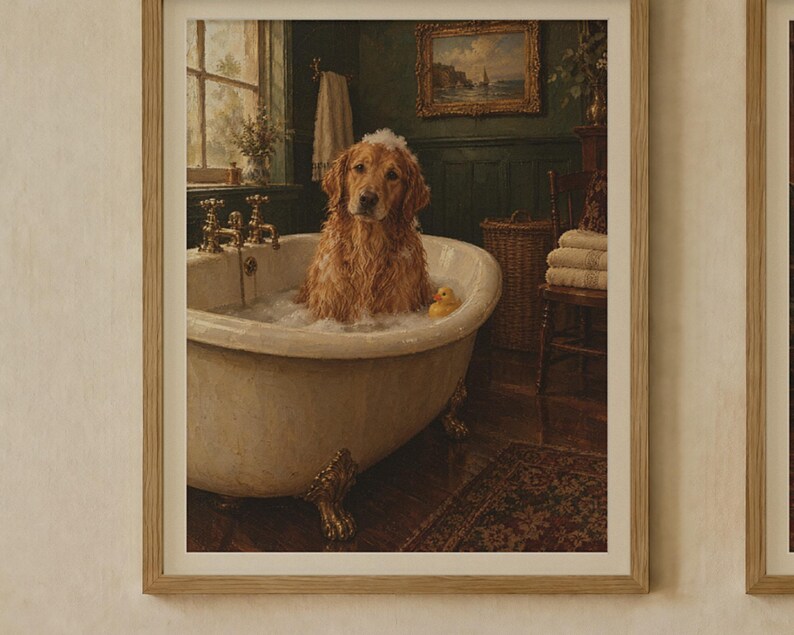 Op de afbeelding: Een ingelijste kunstdruk met een golden retriever in een wit bad op pootjes gevuld met zeepsop. De hond heeft schuim op zijn kop en er drijft een gele badeend naast. De badkamer heeft donkergroene muren in de achtergrond.