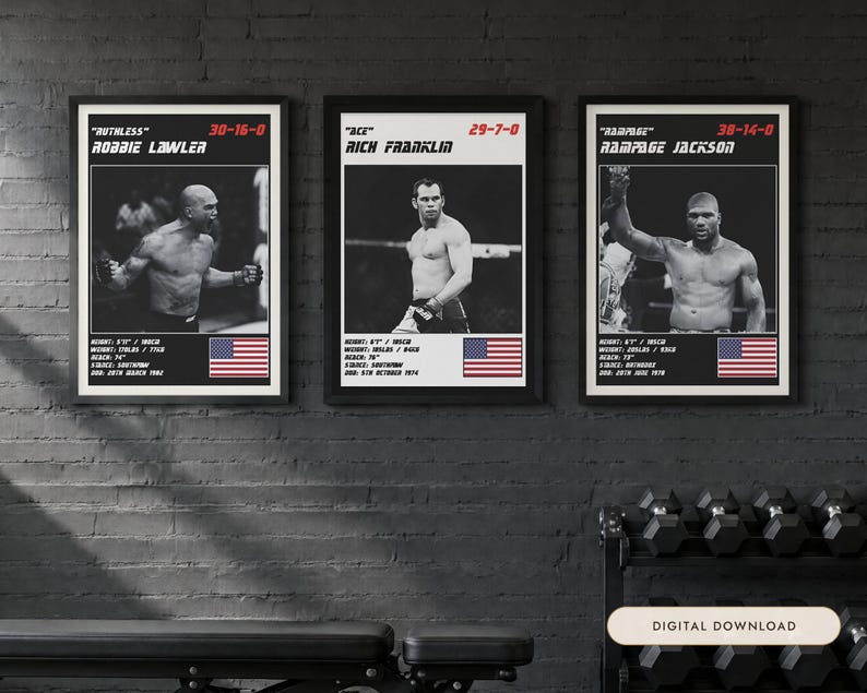 Set de 3 pósteres de MMA / Artistas del nocaut / Robbie Lawler, Rich Franklin, Rampage Jackson / Arte mural de lucha / Descarga digital imagen 1
