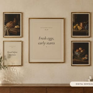 Cottage Kitchen Wall Art Set of 6 | 3 Still Life Oil Paintings and 3 Kitchen Rule Prints | Vintage Kitchen Decor | Digital Download