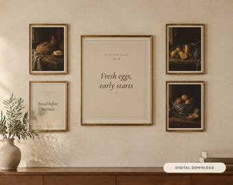 Cottage Kitchen Wall Art Set of 6 | 3 Still Life Oil Paintings and 3 Kitchen Rule Prints | Vintage Kitchen Decor | Digital Download