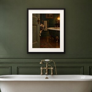 Pug Bathroom Wall Art, Funny Peeking Dog Oil Painting Print (Digital Download) image 4