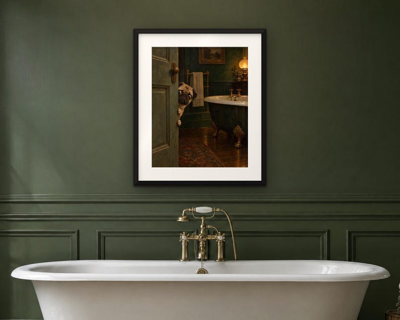 Pug Bathroom Wall Art, Funny Peeking Dog Oil Painting Print (Digital Download) image 4