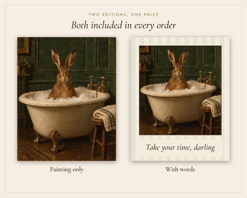 Print van een haas in bad | Grappige muurdecoratie voor de badkamer | Vintage olieverfschilderij met dieren | Neem de tijd, schatje | Digitale download afbeelding 3