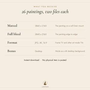 May include: A digital product information chart titled WHAT YOU RECEIVE 26 paintings, two files each. It lists specifications for Matted, Full bleed, Format, and Bonus files, including 3840 x 2160 resolution, JPG, 4K, and 16:9 aspect ratio.