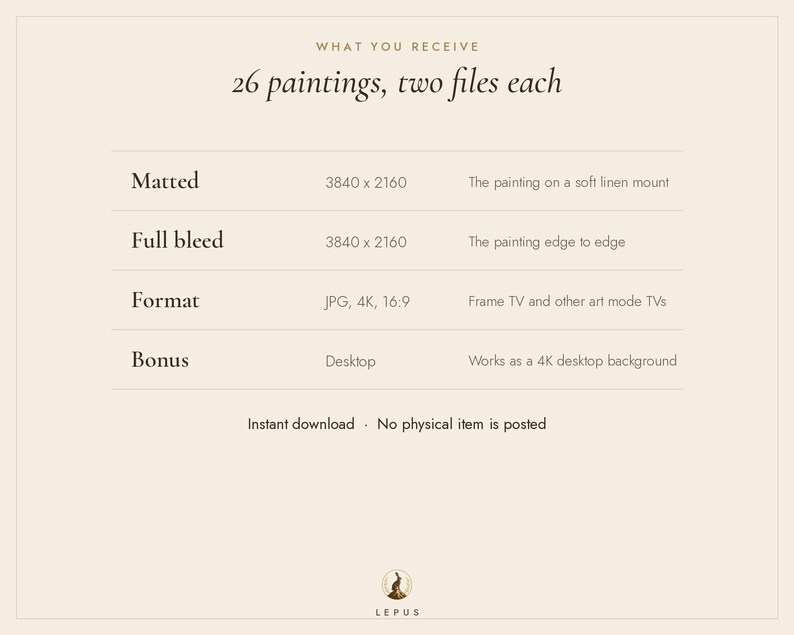 May include: A digital product information chart titled WHAT YOU RECEIVE 26 paintings, two files each. It lists specifications for Matted, Full bleed, Format, and Bonus files, including 3840 x 2160 resolution, JPG, 4K, and 16:9 aspect ratio.