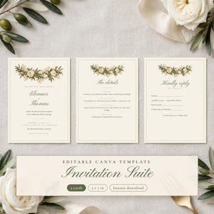 Painted Olive Wedding Invitation Template Suite, Save the Date, RSVP Card, Details Card, Editable Canva Invitation, 5x7