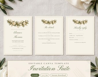 Invito di nozze Painted Olive, completo di modelli per Save the Date, RSVP Card, Dettagli, invito modificabile su Canva, formato 5x7