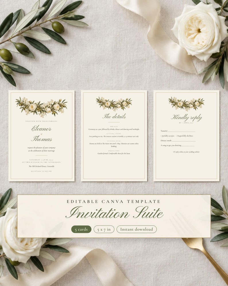 Painted Olive Wedding Invitation Template Suite, Save the Date, RSVP Card, Details Card, Editable Canva Invitation, 5x7 image 1