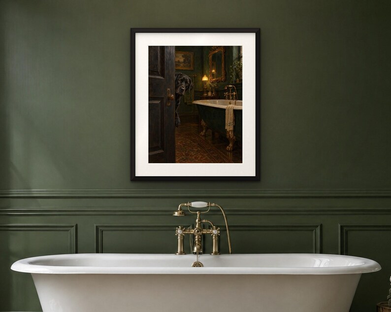 Tableau pour salle de bain représentant un labrador noir, reproduction d'une peinture à l'huile avec un chien qui jette un coup d'œil (téléchargement numérique) image 4