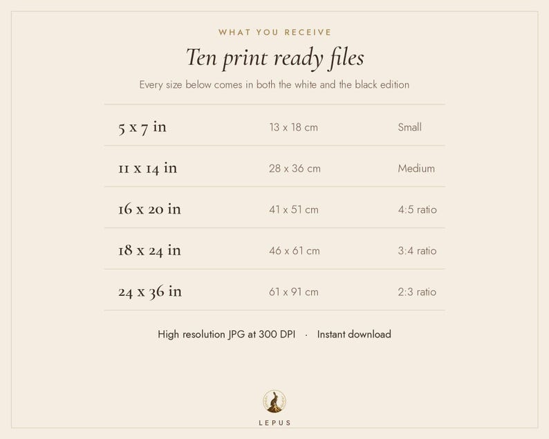 May include: A beige informational chart titled WHAT YOU RECEIVE Ten print ready files. It lists five sizes in inches and centimeters: 5x7 in (13x18 cm), 11x14 in (28x36 cm), 16x20 in (41x51 cm), 18x24 in (46x61 cm), and 24x36 in (61x91 cm).