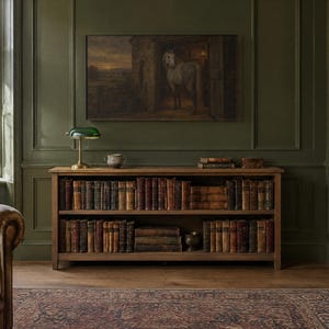 May include: A wooden bookcase with two shelves containing a collection of antique leather-bound books. Positioned on top is a green glass banker's lamp with a brass base and a small ceramic bowl. Above the unit is a framed painting of a horse.