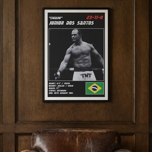 Peut inclure: Une affiche encadr&eacute;e pr&eacute;sentant une photographie en noir et blanc de Junior Dos Santos, surnomm&eacute; Cigano, avec un palmar&egrave;s de 23-11-0. L'impression inclut ses statistiques physiques, le drapeau br&eacute;silien et le texte TNT sur son short.