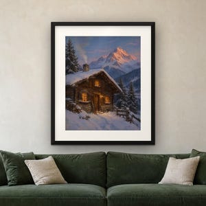 Puede incluir: Una impresi&oacute;n de arte mural enmarcada que representa una caba&ntilde;a de madera r&uacute;stica cubierta de nieve al atardecer. La caba&ntilde;a tiene ventanas amarillas brillantes y humo saliendo de una chimenea, con monta&ntilde;as nevadas y pinos de fondo.