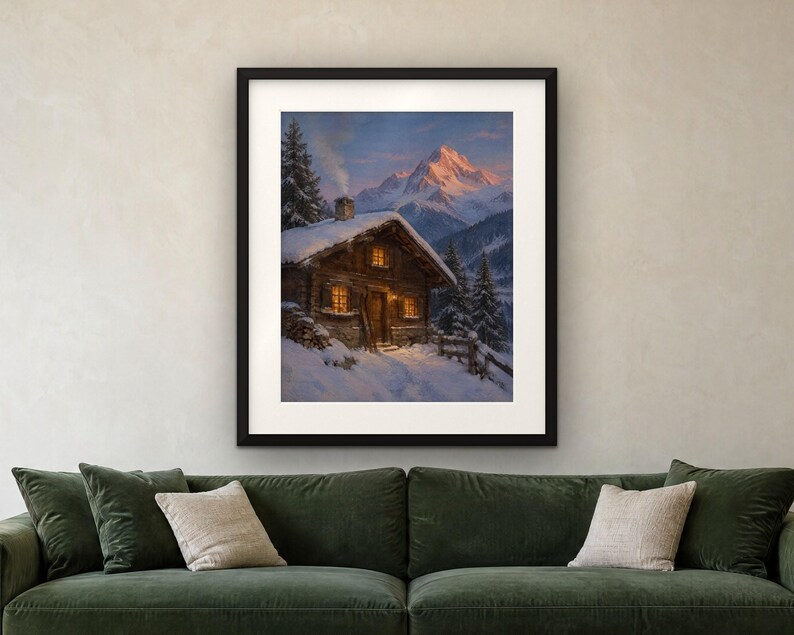 Puede incluir: Una impresi&oacute;n de arte mural enmarcada que representa una caba&ntilde;a de madera r&uacute;stica cubierta de nieve al atardecer. La caba&ntilde;a tiene ventanas amarillas brillantes y humo saliendo de una chimenea, con monta&ntilde;as nevadas y pinos de fondo.