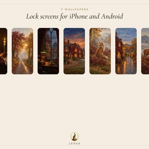 May include: Seven digital wallpapers for iPhone and Android lock screens featuring autumn-themed scenes including a still life, forest path, library, manor, fox, village street, and a deer. The text reads 7 WALLPAPERS Lock screens for iPhone and Android.