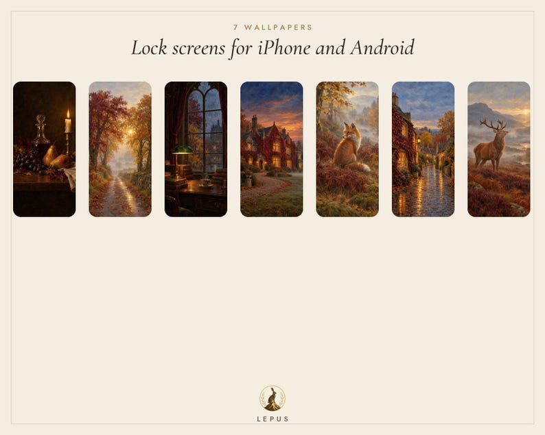 May include: Seven digital wallpapers for iPhone and Android lock screens featuring autumn-themed scenes including a still life, forest path, library, manor, fox, village street, and a deer. The text reads 7 WALLPAPERS Lock screens for iPhone and Android.