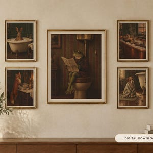 Funny Bathroom Wall Art Set of 6 | Vintage Animal Oil Painting Prints | Powder Room Decor | Bathroom Gallery Wall | Digital Download image 1