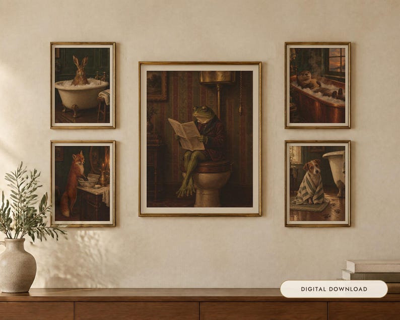 Funny Bathroom Wall Art Set of 6 | Vintage Animal Oil Painting Prints | Powder Room Decor | Bathroom Gallery Wall | Digital Download image 1