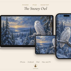 Fond d'écran Chouette des neiges | Peinture à l'huile d'hiver pour téléphone, iPad et ordinateur | Esthétique nordique | Téléchargement numérique image 3