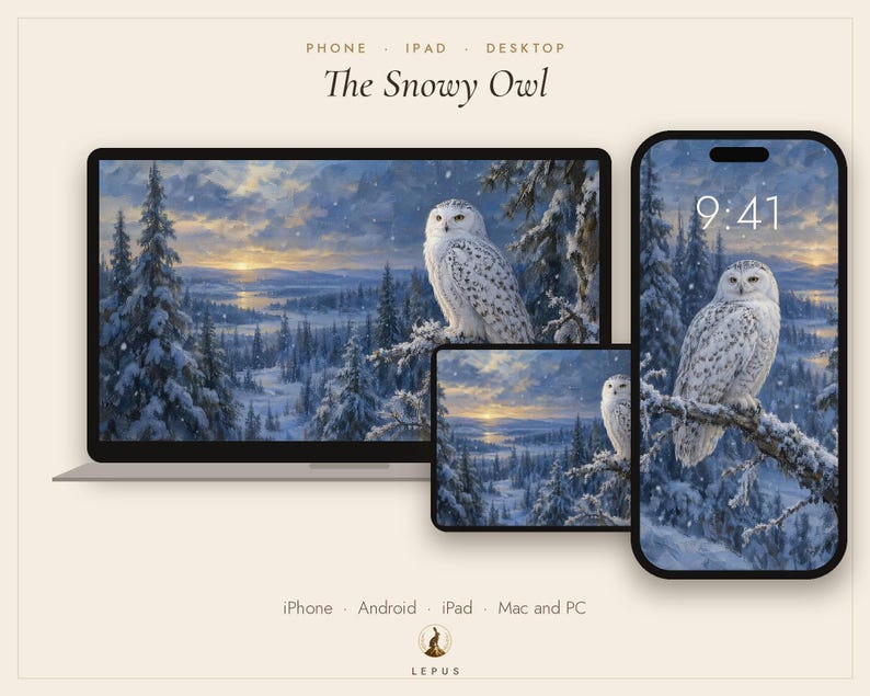 Fond d'écran Chouette des neiges | Peinture à l'huile d'hiver pour téléphone, iPad et ordinateur | Esthétique nordique | Téléchargement numérique image 3