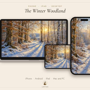 May include: A digital wallpaper set titled The Winter Woodland displayed on a laptop, tablet, and smartphone. The screens feature a snowy forest scene with birch trees and a sunset. Text includes Phone, iPad, Desktop, iPhone, Android, and Lepus.