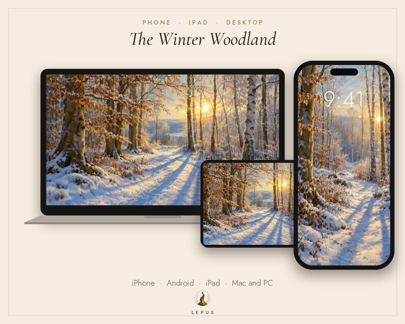 May include: A digital wallpaper set titled The Winter Woodland displayed on a laptop, tablet, and smartphone. The screens feature a snowy forest scene with birch trees and a sunset. Text includes Phone, iPad, Desktop, iPhone, Android, and Lepus.